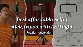 Bluetooth Selfie stickTripodLed Lightremote  Full demonstration  Value for money vlogging [upl. by Issy]