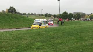 Ice cream van chimes in convoy Nantwich Whitby Morrison 84 Mr Whippy Mister Softee van ice truck [upl. by Atiuqet]