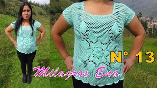 Blusa N° 13 tejido a Crochet de 2 Cuadrados HOJAS EN RELIEVES paso a paso  tallas S M L XL XXL [upl. by Ayad643]