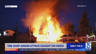 Video captures arson attack targeting tire shop in South LA [upl. by Boleyn]