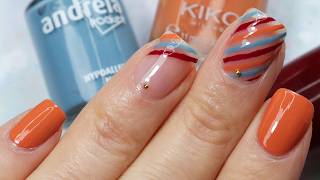 Easy Stripes and Nail Caviar Nail Art  Fall Orange Red and Blue Nails  Nail Design for Beginners [upl. by Neelac645]