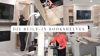 DIY builtin bookshelves living room Makeover Part two  First time building custom cabinets 🙌 [upl. by Giulia565]