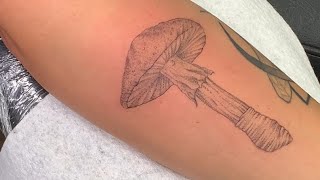 Close up stipple shading a mushroom tattoo [upl. by Eimilb76]