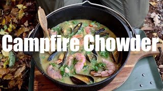 Campfire Cooking  Seafood Chowder Cooked in a Dutch Oven Cooking in the Rain [upl. by Pappano661]