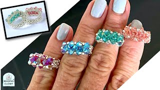 Kissing Crystals Beaded Ring Tutorial using seed beads and 4mm bicone crystals DIY Jewelry Making [upl. by Bartosch913]