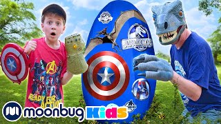 GIANT SURPRISE EGG The Avengers vs Giant Dinosaurs TRexRanch  Jurassic TV [upl. by Kehsihba]