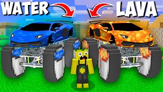 What to CHOOSE  CAR WITH LAVA vs WATER BUCKET WHEELS in Minecraft  NEW STRANGE CAR [upl. by Unni8]