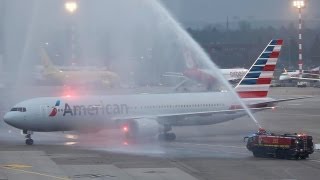 First American Airlines Boeing 767 Flight To Düsseldorf Double Water Canon Salute HD [upl. by Chladek]