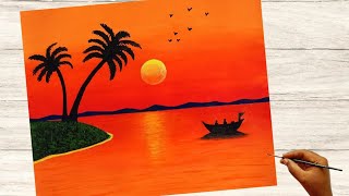 Sunset Scenery Painting  Landscape Painting  Sunset on the lake acrylic painting [upl. by Epoillac]