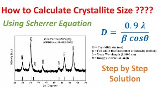 Calculatation of Crystallite grain Size Using Scherrer equation [upl. by Peyter]