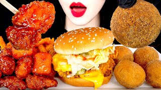 ASMR CHICKEN BURGER SPICY FRIED CHICKEN CHEESE BALLS 맘스터치 먹방 MUKBANG EATING SOUNDS 咀嚼音 [upl. by Puiia515]