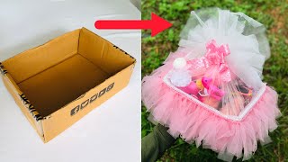 DIY HAMPER From CARDBOARD BOX  Cardboard Reuse Ideas  Cute Hamper [upl. by Oirelav]