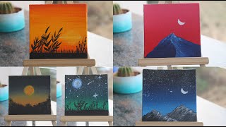 5 Paintings For Beginners  Complete Guide on Blending Techniques  Painting on 5 Tiny Canvases [upl. by Aneahs]