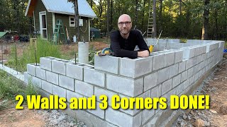 Episode 44  2 Walls amp 3 Corners DONE OffGrid Cabin Foundation  Block Stem Wall [upl. by Yvonner]