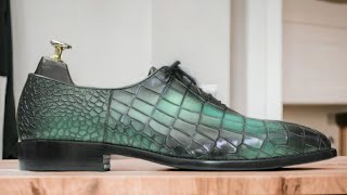 Men Handmade Alligator Print Sea Green Leather Shoes Whole Cut Oxfords [upl. by Clifton]