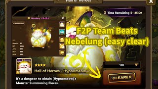 Summoners War F2P Team for Wind Hypnomeow Nebelung Hall of Heroes FULL 10F Guide [upl. by Lindsley]