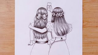 Easy Drawing  Two friends are taking a selfie  Best friends  BFF  besties Pencil sketch [upl. by Blake]