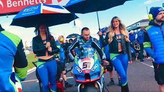 BSB Motorcycle GRID WALK includes ALL STAR RIDERS amp Bikes  Pit Garages at DONINGTON PARK Race Track [upl. by Eenert]