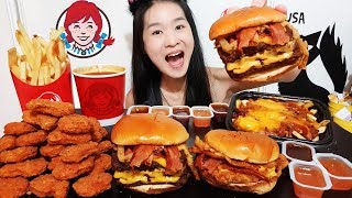 MASSIVE WENDYS FEAST Triple Bacon Cheeseburger Chicken Sandwich amp Spicy Nuggets  Mukbang Asmr [upl. by Aguayo94]