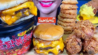 ASMR SPICY UDON NOODLES DOUBLE CHEESEBURGER FRIED CHICKEN ONION RING MUKBANG MASSIVE Eating Sounds [upl. by Anaderol]