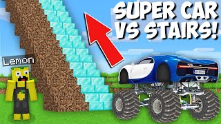 Which BIGGEST WHEELS VEHICLE CLIMBS OVER THE HIGHEST STAIRS in Minecraft  DIAMOND VS DIRT [upl. by Kenelm]