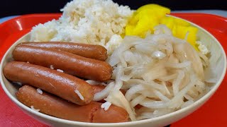 Rice Cooker Cooking Beef Franks with Rice [upl. by Eladal]