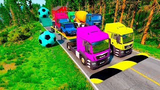 Flatbed Trailer Colorful Cars Transportation with MANTruck  Speedbumps vs Cars vs Train BeamNG 10 [upl. by Conan]