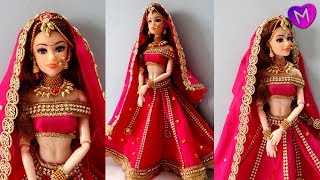 Barbie Lehenga  How to decorate a doll with indian bridal dress and jewellery  Doll lehenga making [upl. by Adnael]