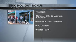 The Nook staff receiving holiday bonuses from author James Patterson [upl. by Yelah]