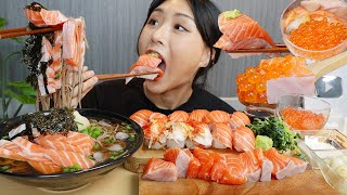 MUKBANG 연어파티🍣🎉 연어초밥 연어모밀 연어알 연어회 SALMON asmr real sound eating [upl. by Ranite]