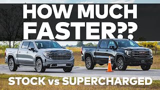 Supercharged GMC Sierra AT4 vs Stock  Drag Race Comparison  GOLIATH 650 by HENNESSEY [upl. by Amada]