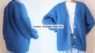 かぎ針 シンプル リブカーディガンの編み方 100均糸 Crochet Knit look Ribbed Cardigan Tutorial [upl. by Ummersen]