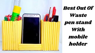 BEST OUT OF WASTE PEN STAND WITH MOBILE HOLDER PAPER CRAFT PEN HOLDER BEST OUT OF WASTE CARDBOARD [upl. by Mendel]