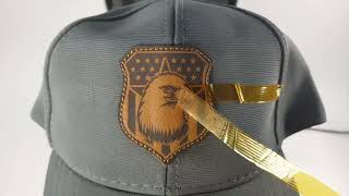 How to heatpress your leather patch onto a hat [upl. by Ahsilrac]