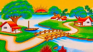 How to draw easy scenery drawing with oil pastel landscape village scenery drawing step by step [upl. by Kissie662]