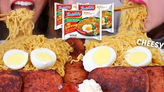 ASMR CHEESY INDOMIE MI GORENG NOODLES  SPAM 라면 리얼사운드 먹방  KimampLiz ASMR [upl. by Malvin]