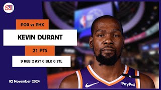 KEVIN DURANT 21 PTS vs POR 02 Nov 2425 PHX Highlights [upl. by Sally]