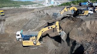 Caterpillar 385C And Caterpillar 352F Excavators Loading Trucks  Aerial Video  Ascon Ltd [upl. by Zetnom]