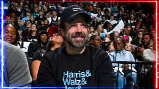 Jason Sudeikis wears Kamala HarrisTim Walz sweater  LibertyAces game  Kamala Harris amp Tim Walz [upl. by Remde]