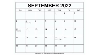 Printable September 2022 Calendar Templates with Holidays  Wiki Calendar [upl. by Waddington]