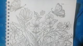 How to draw flower garden flower and butterfly drawing [upl. by Ordnas]