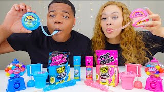 PINK FOOD VS BLUE FOOD CHALLENGE HUBBA BUBBA RACE PUSH POP JUICY DROP GUM CANDY MUKBANG [upl. by Eve]