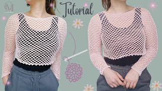 🌸Top de manga larga en punto red 🧶Top tejido a crochet paso a paso fácil 💕 [upl. by Ahsiekam]