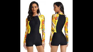 Womens Long Sleeve one Piece Swimsuit Rash Guard Zipper Surfing Swimsuit Bathing Suit [upl. by Virgilio]