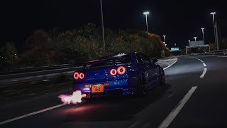 Nissan R34 GTR Skyline Night Drive  Shoots Flames 4K [upl. by Ricky]