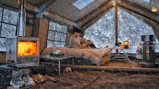 Camping in Heavy Snow with My Dog  2Room Inflatable Tent  Wood Stove ASMR [upl. by Ydaf]