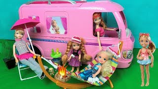 Anna and Elsa Toddlers Camping  Pool Party Barbie Glam Camper Van Morning Routine Chelsea Toys Doll [upl. by Lewendal817]