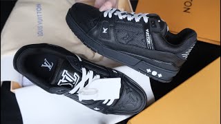 Louis Vuitton Trainer Sneaker Black Embossed Monogram Unboxing [upl. by Afas35]