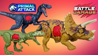 Jurassic World Battle Damage Gasosaurus Velociraptor Triceratops mattel ebay [upl. by Yelnet685]