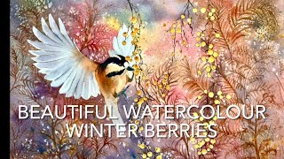 Beginners WATERCOLOR Winter Berries PAINTING Loose Watercolour PAINTING Technique Tutorial Landscape [upl. by Spurgeon]